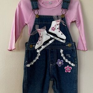 Vintage Denim Overalls with Ice Skates and Floral Accents